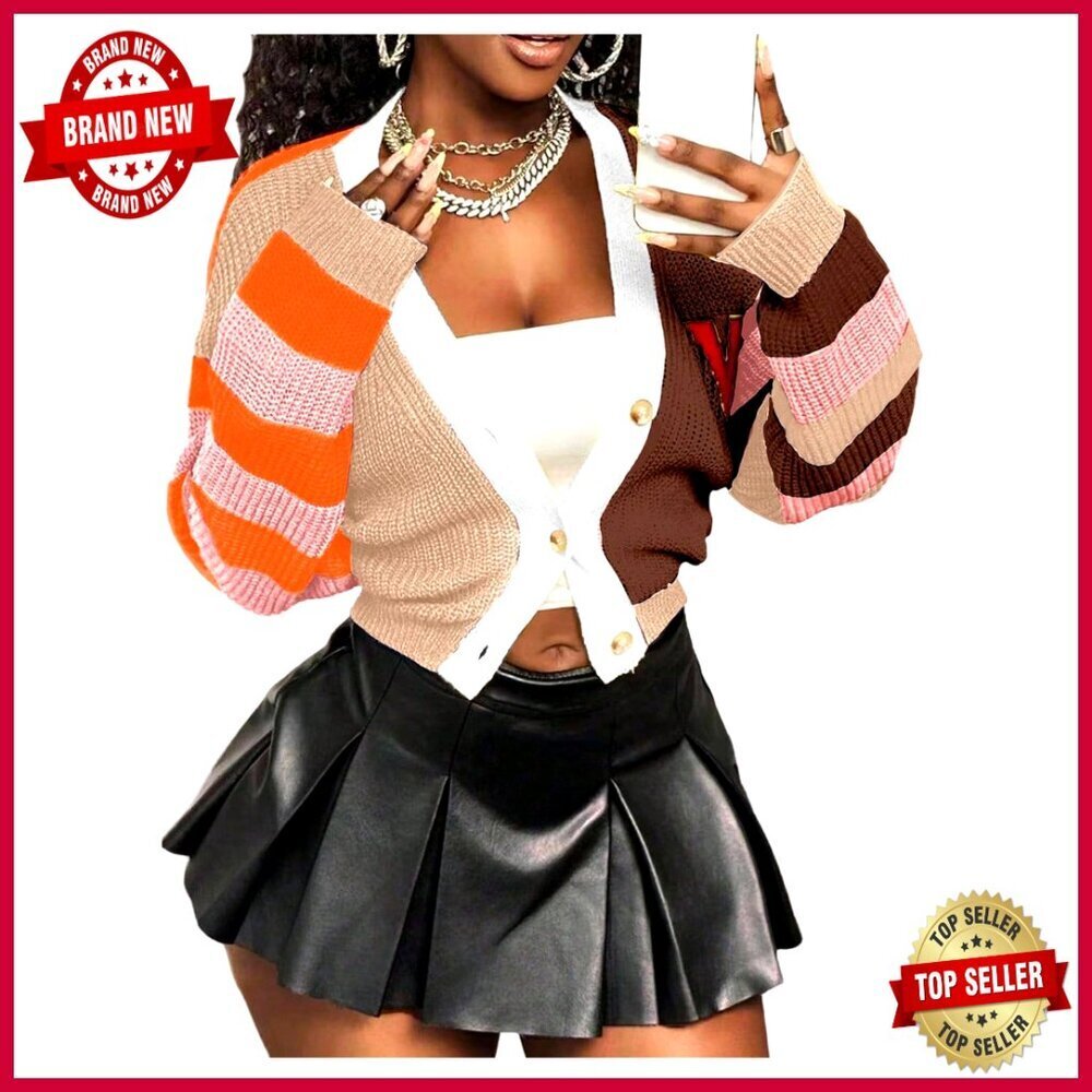 Cropped V-Neck Cardigan, Open Front Button Down, Lightweight Acrylic Knit